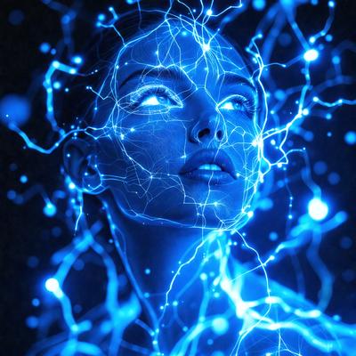 The primary subject of the image is a woman with blue neon eyes, which gives her a futuristic and otherworldly appearance. The setting is a dark room, and the visual style is a digital art or illustration. The dominant colors in the image are blue and purple, creating a moody and atmospheric mood.